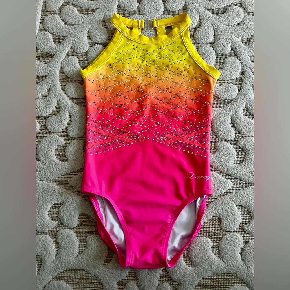 Darcy Pink and Yellow Rhinestone “Dolly Mix” Leotard Size Child Large